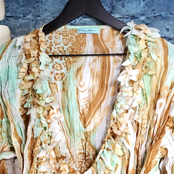 Violin | Gypsy Boho Prairiecore Abstract Print Crinkle Texture Faux Wrap Top - Picture 3 of 10